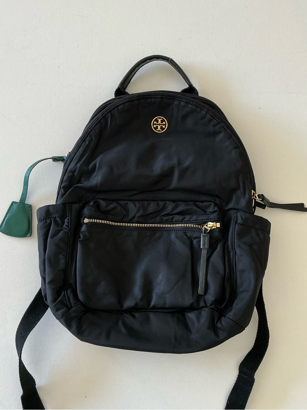 Tory Burch Black Nylon Backpack Gold Logo Travel Everyday Bag